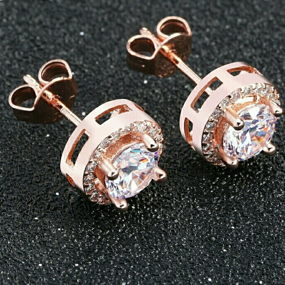 18k Rose Gold Diamond Cz Halo Stud Earrings